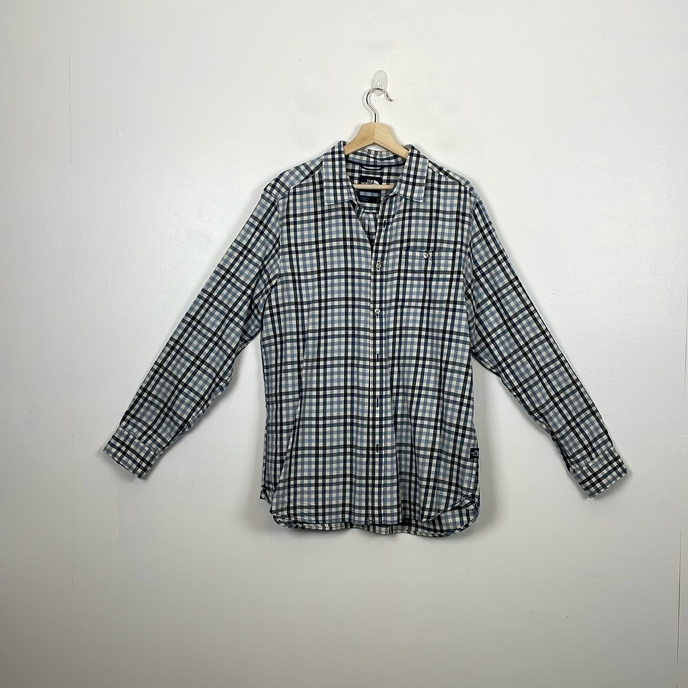 The North Face Plaid Long Sleeve Mens L Button Down 1 Pocket Casual Blue Shirt